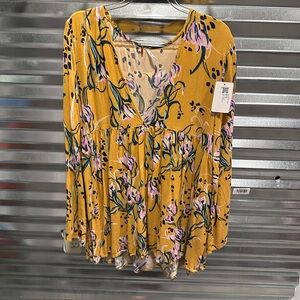 Free People Yellow Floral 3/4 Sleeve Tunic